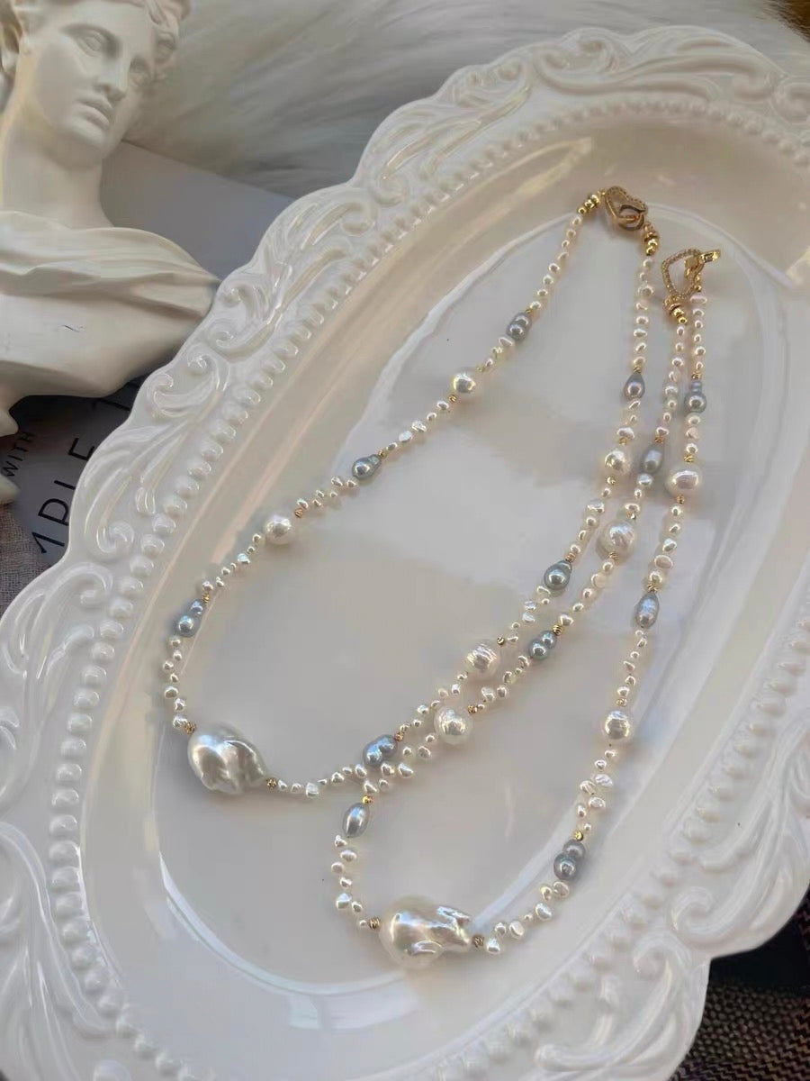 #PN1326 The Muse Edition | silver sunlight | Freshwater pearl necklace 44cm mid-sized mermaid baroque pearl white lustrous wrinkle baroque pearls hulu shaped treated grey color pearl baby petal pearls