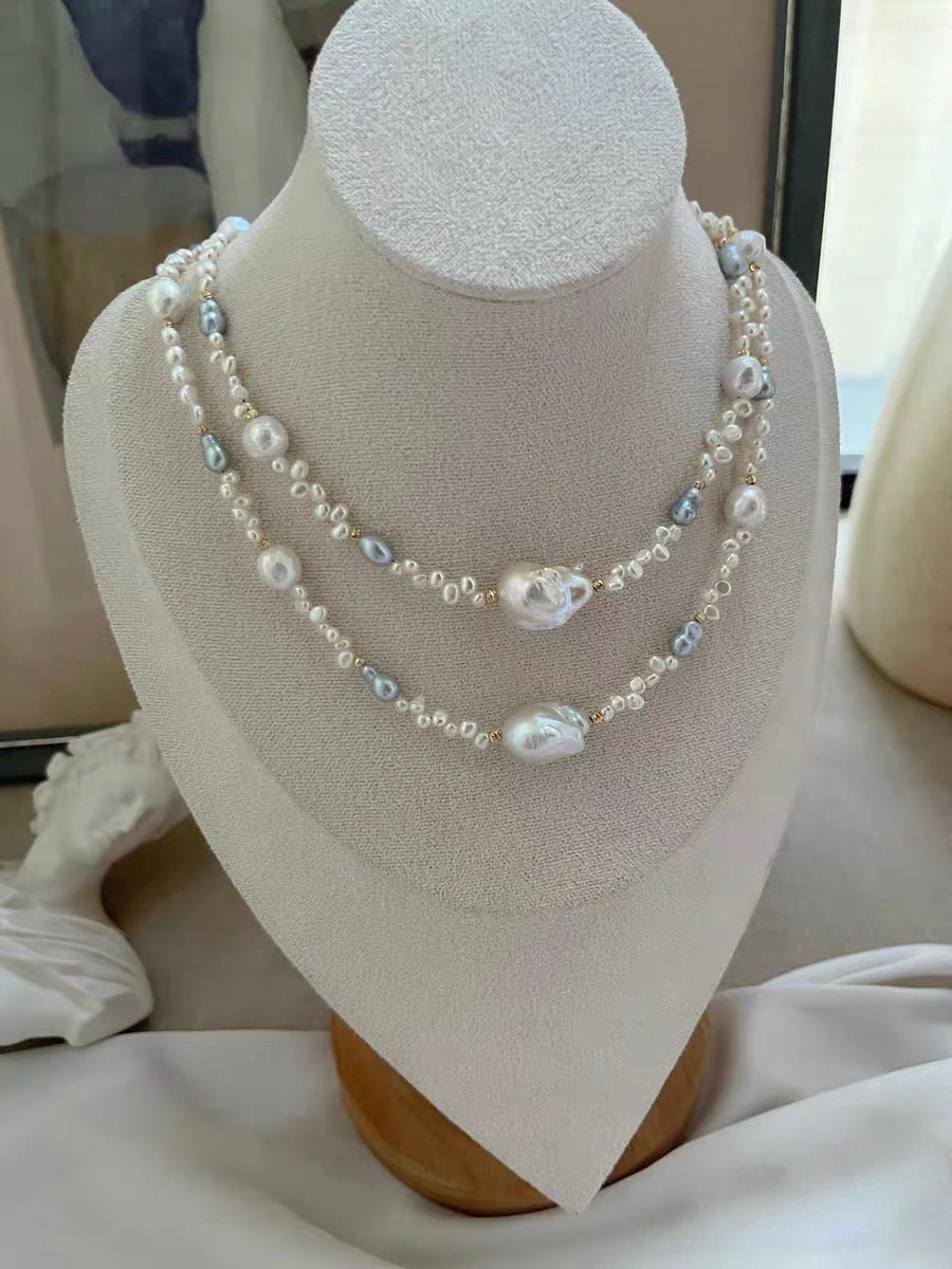 #PN1326 The Muse Edition | silver sunlight | Freshwater pearl necklace 44cm mid-sized mermaid baroque pearl white lustrous wrinkle baroque pearls hulu shaped treated grey color pearl baby petal pearls