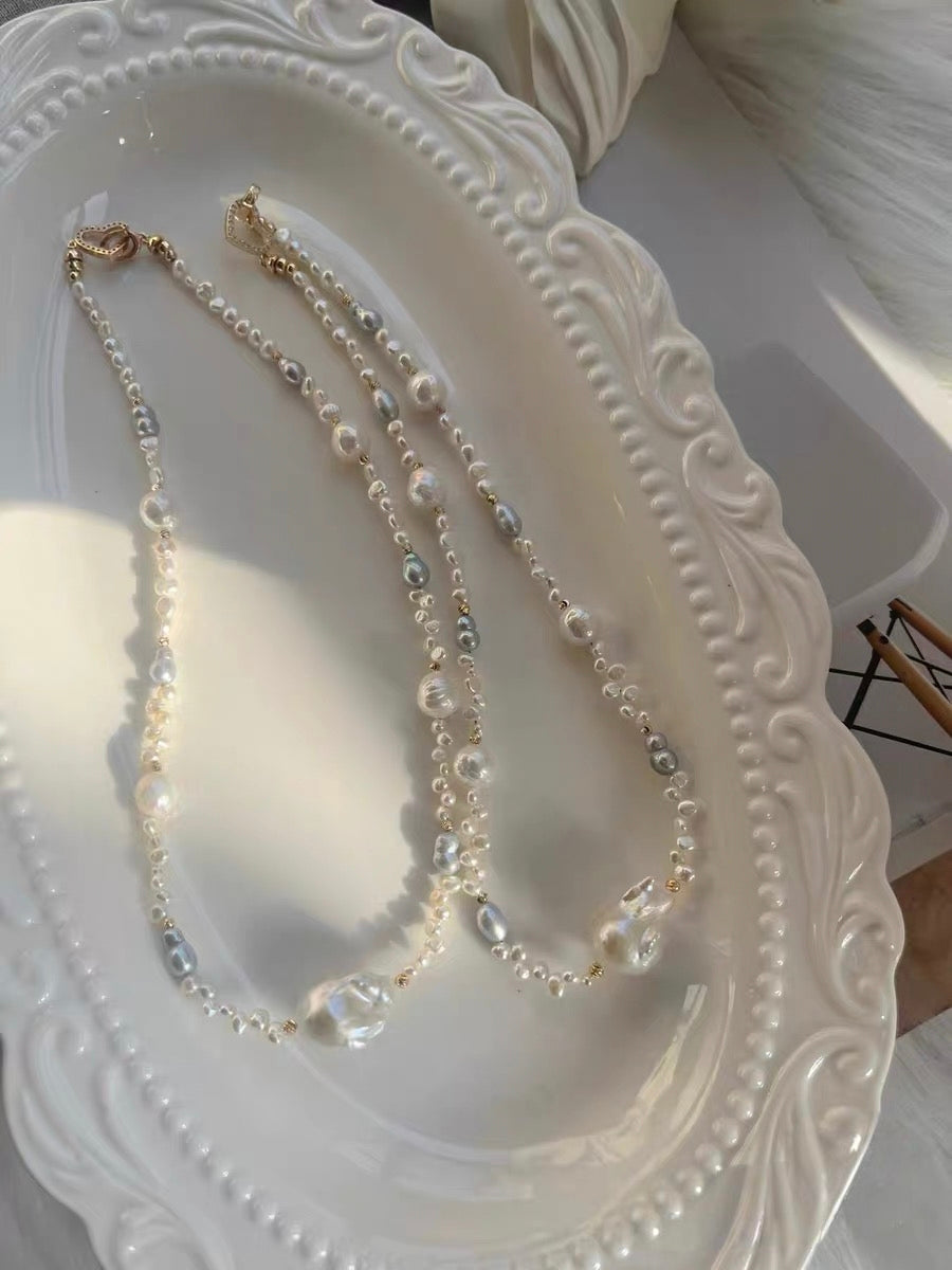 #PN1326 The Muse Edition | silver sunlight | Freshwater pearl necklace 44cm mid-sized mermaid baroque pearl white lustrous wrinkle baroque pearls hulu shaped treated grey color pearl baby petal pearls