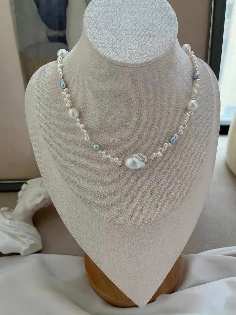 #PN1326 The Muse Edition | silver sunlight | Freshwater pearl necklace 44cm mid-sized mermaid baroque pearl white lustrous wrinkle baroque pearls hulu shaped treated grey color pearl baby petal pearls