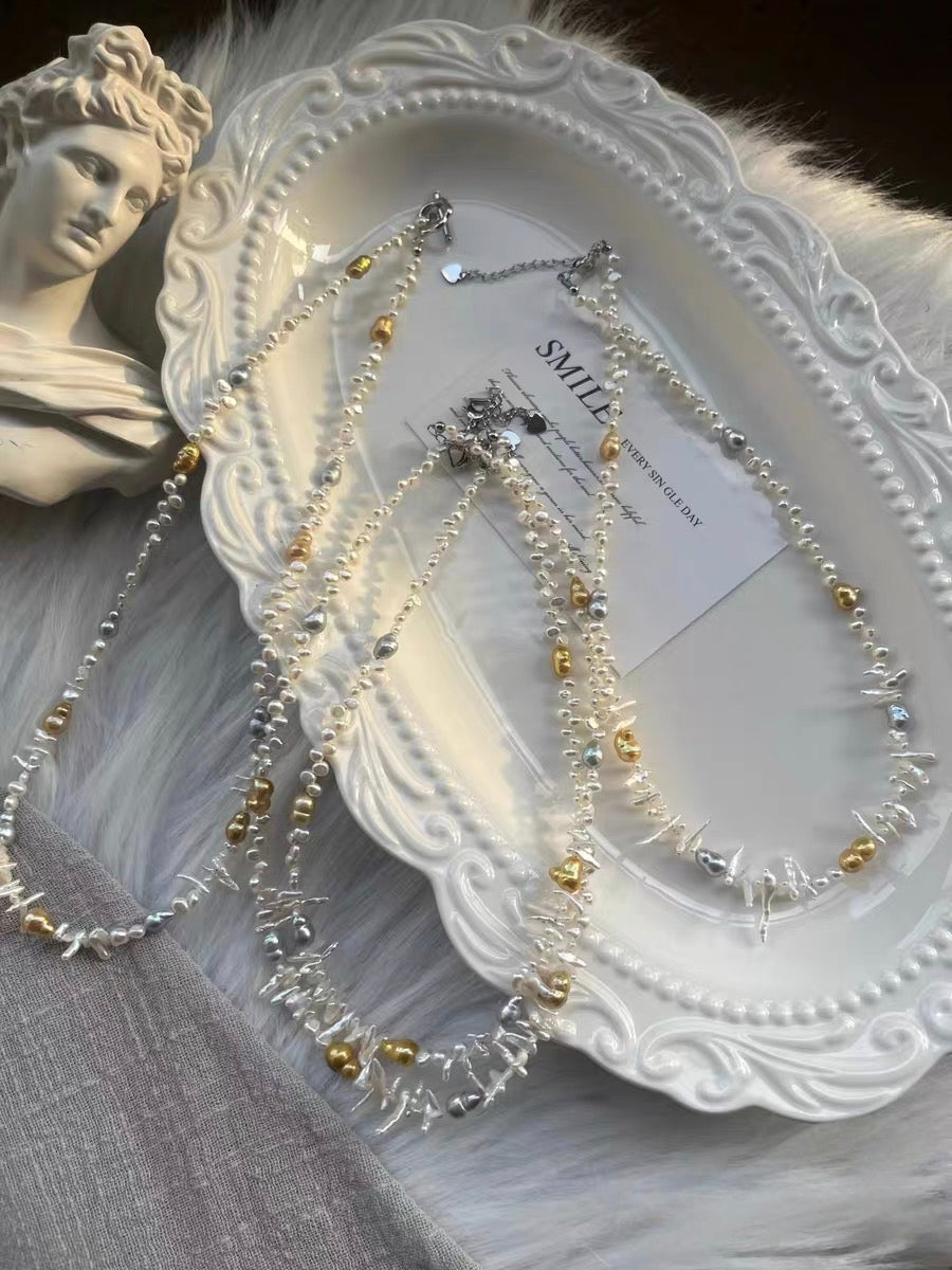 #PN1325 The Lumia Edition | Freshwater pearl necklace fit in your vibe 42+5cm little wolf teeth baroque pearls electro-treated golden, grey color hulu shaped lace design lustrous baby pearls