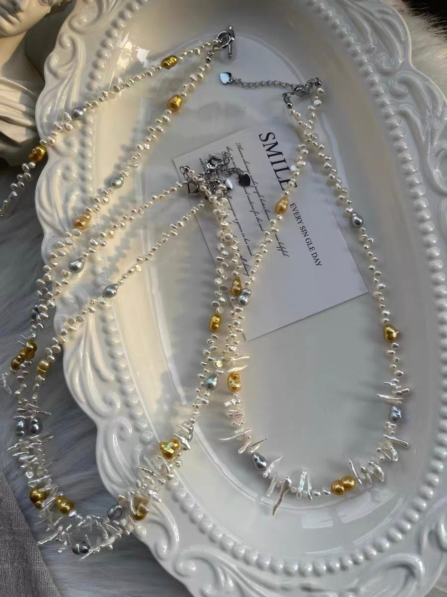 #PN1325 The Lumia Edition | Freshwater pearl necklace fit in your vibe 42+5cm little wolf teeth baroque pearls electro-treated golden, grey color hulu shaped lace design lustrous baby pearls