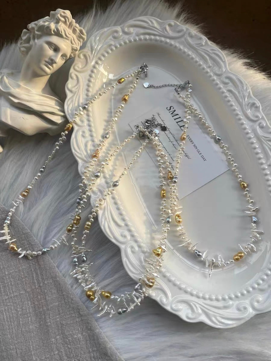 #PN1325 The Lumia Edition | Freshwater pearl necklace fit in your vibe 42+5cm little wolf teeth baroque pearls electro-treated golden, grey color hulu shaped lace design lustrous baby pearls