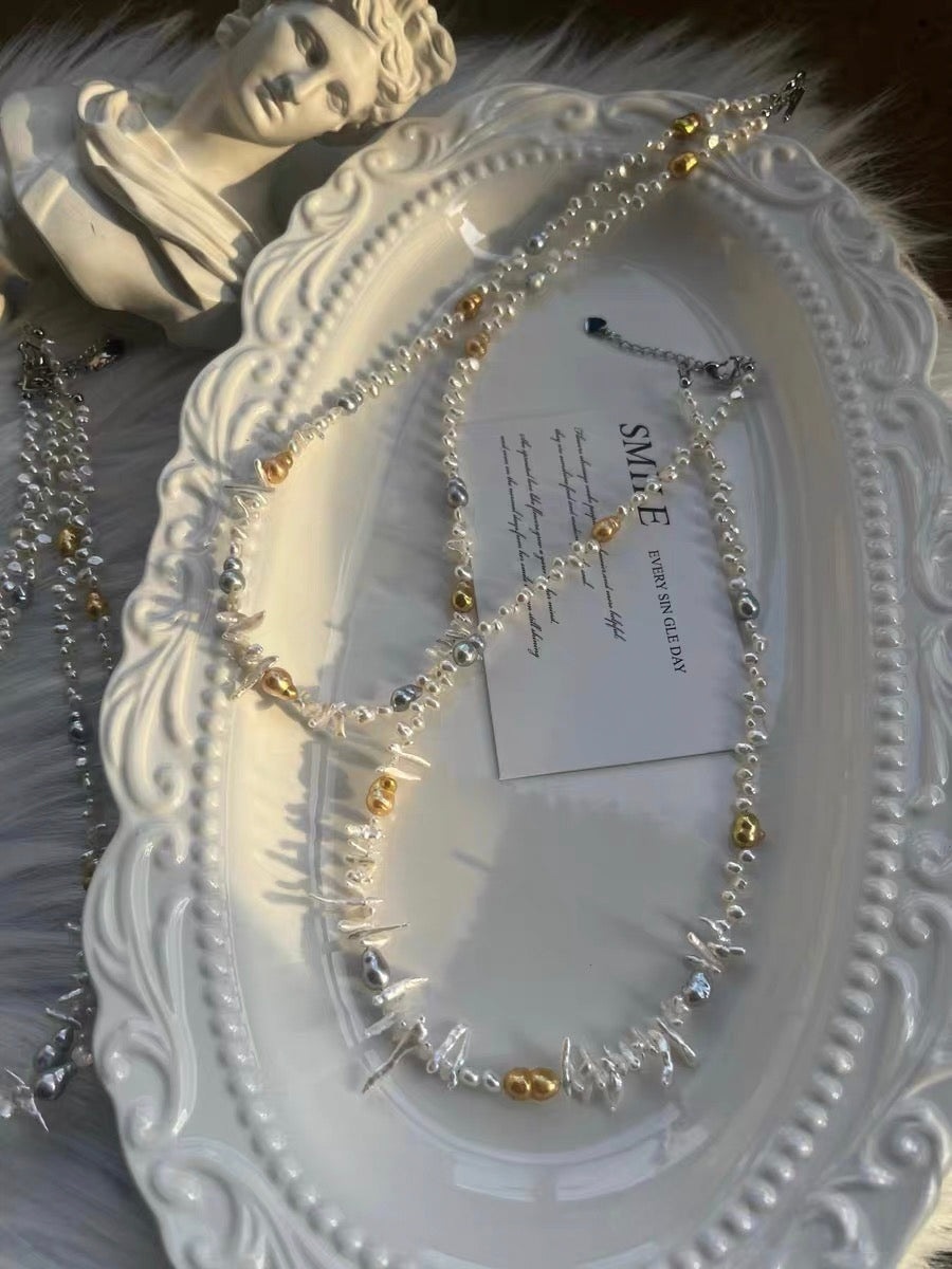 #PN1325 The Lumia Edition | Freshwater pearl necklace fit in your vibe 42+5cm little wolf teeth baroque pearls electro-treated golden, grey color hulu shaped lace design lustrous baby pearls