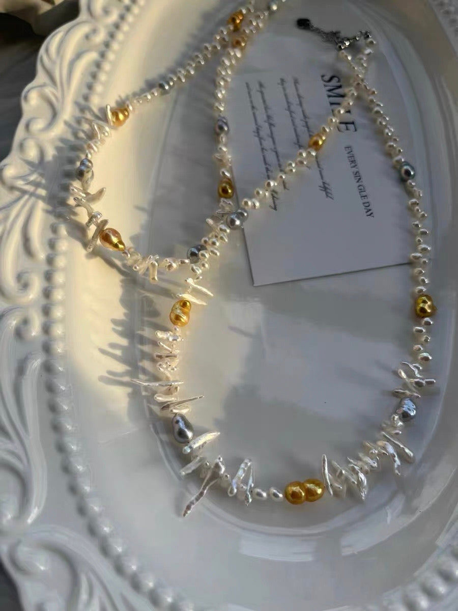 #PN1325 The Lumia Edition | Freshwater pearl necklace fit in your vibe 42+5cm little wolf teeth baroque pearls electro-treated golden, grey color hulu shaped lace design lustrous baby pearls