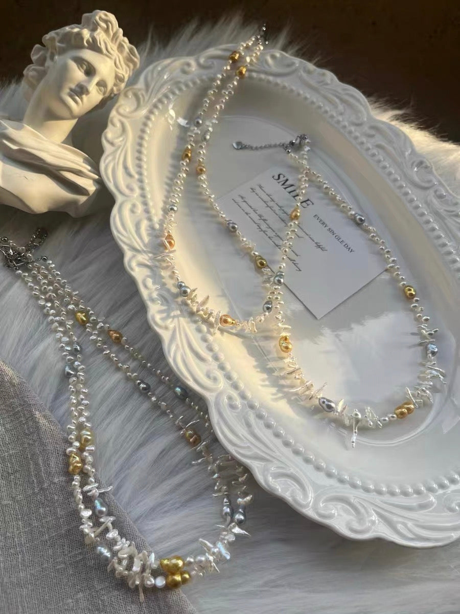 #PN1325 The Lumia Edition | Freshwater pearl necklace fit in your vibe 42+5cm little wolf teeth baroque pearls electro-treated golden, grey color hulu shaped lace design lustrous baby pearls