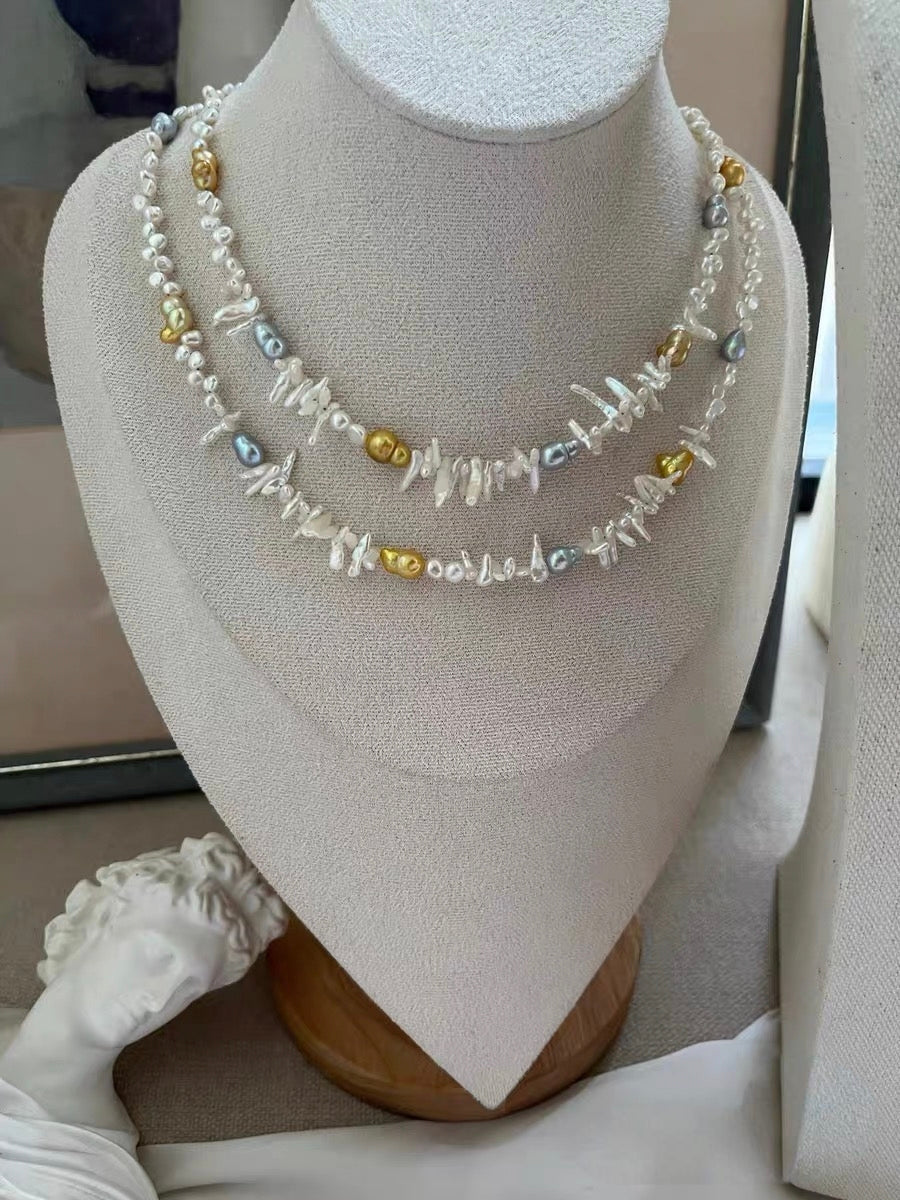 #PN1325 The Lumia Edition | Freshwater pearl necklace fit in your vibe 42+5cm little wolf teeth baroque pearls electro-treated golden, grey color hulu shaped lace design lustrous baby pearls