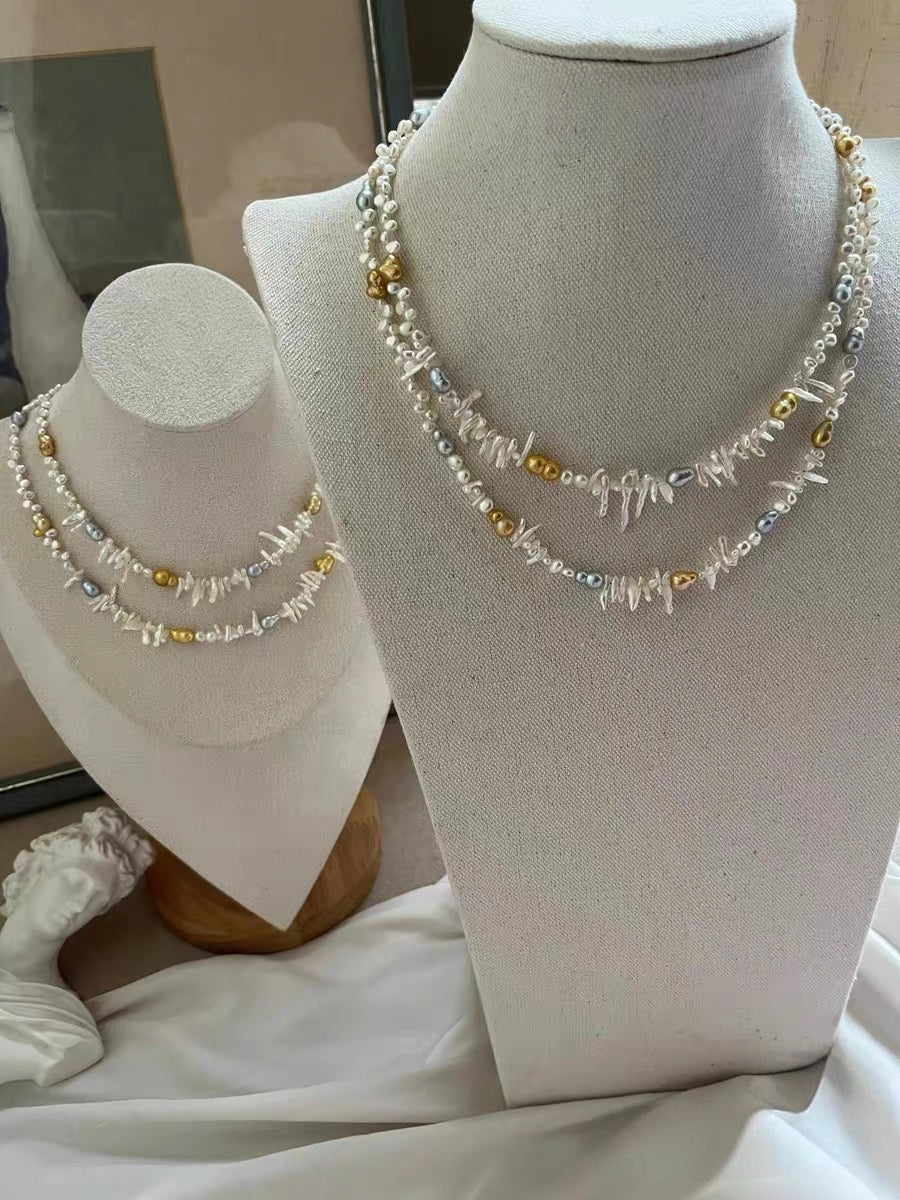 #PN1325 The Lumia Edition | Freshwater pearl necklace fit in your vibe 42+5cm little wolf teeth baroque pearls electro-treated golden, grey color hulu shaped lace design lustrous baby pearls