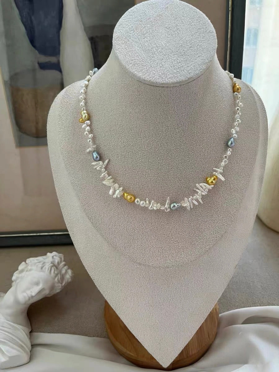 #PN1325 The Lumia Edition | Freshwater pearl necklace fit in your vibe 42+5cm little wolf teeth baroque pearls electro-treated golden, grey color hulu shaped lace design lustrous baby pearls