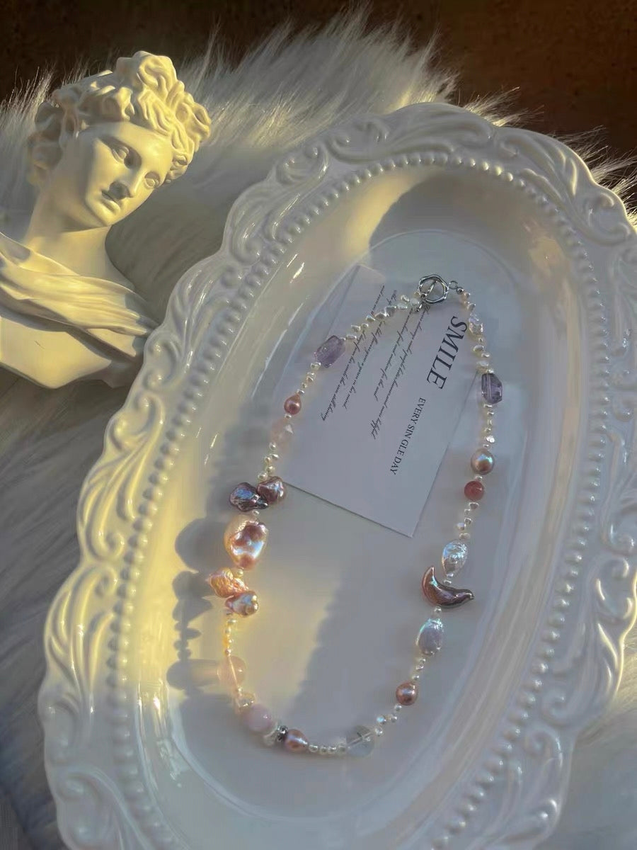 #PN1324 The Muse Edition| Dance under Moon | Freshwater pearl necklace 43cm baby lace pearls amethyst freeform rose quartz faceted purple baroque pearls moon & clover shaped pearl kunzite clear quartz big petal pearl