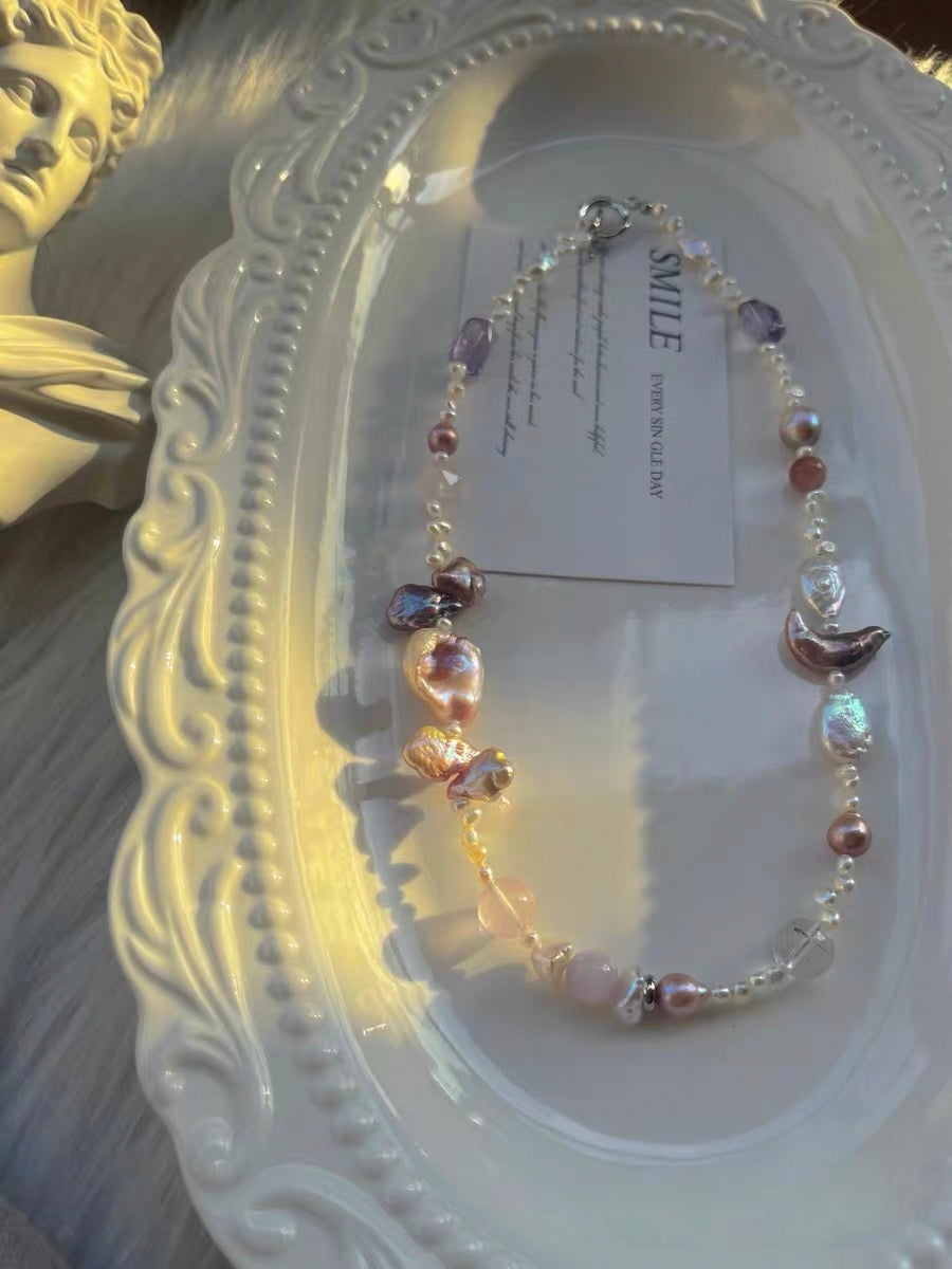 #PN1324 The Muse Edition| Dance under Moon | Freshwater pearl necklace 43cm baby lace pearls amethyst freeform rose quartz faceted purple baroque pearls moon & clover shaped pearl kunzite clear quartz big petal pearl