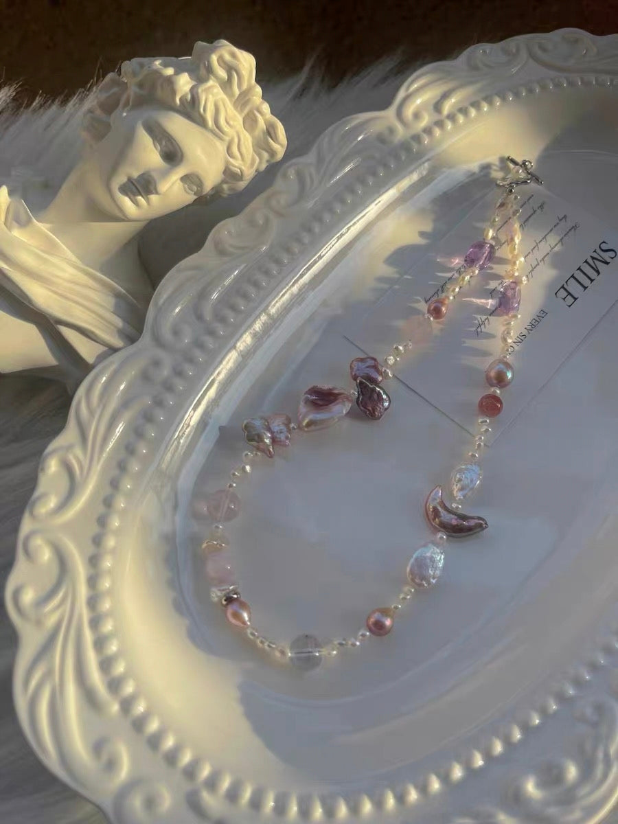 #PN1324 The Muse Edition| Dance under Moon | Freshwater pearl necklace 43cm baby lace pearls amethyst freeform rose quartz faceted purple baroque pearls moon & clover shaped pearl kunzite clear quartz big petal pearl