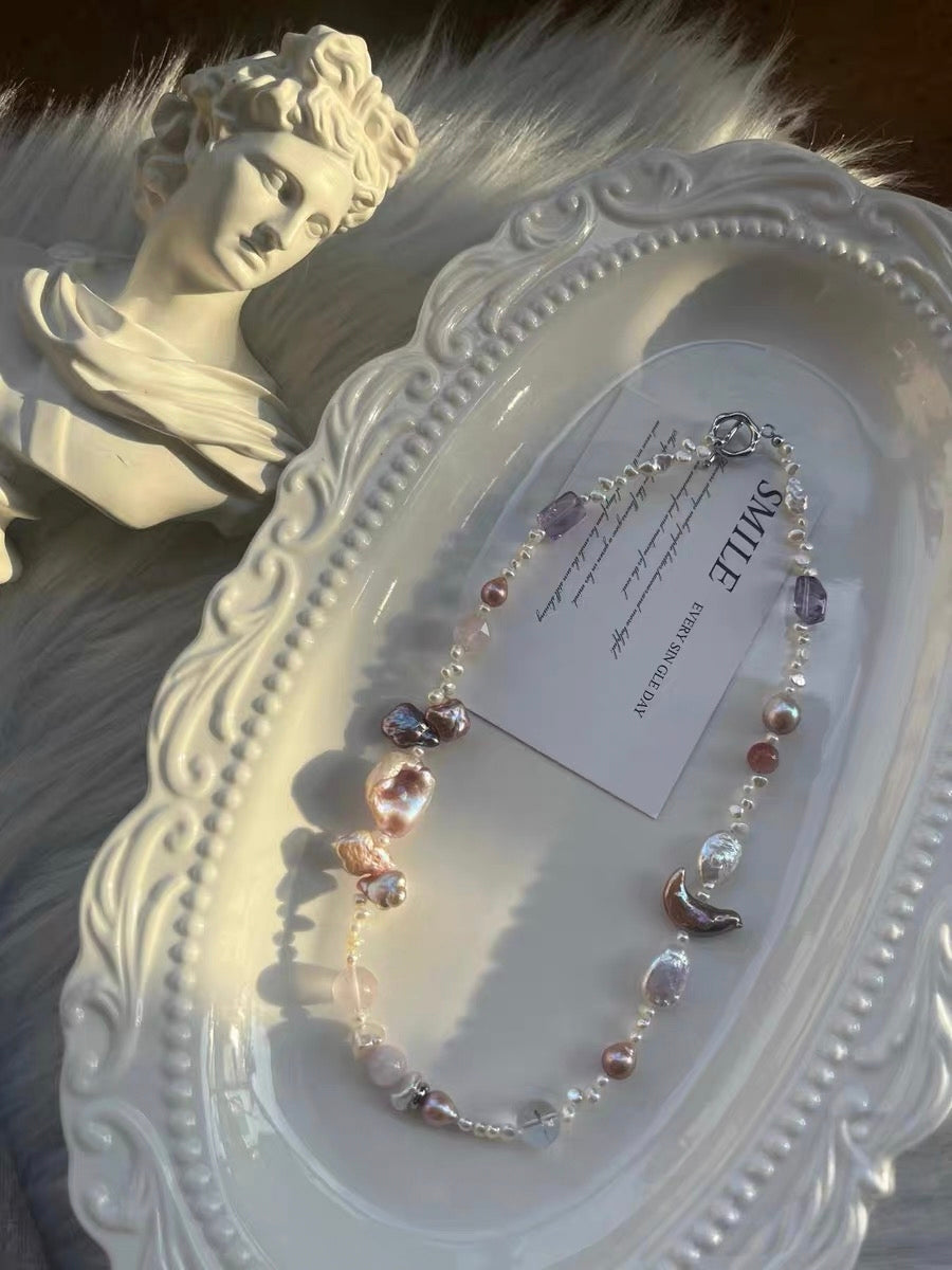 #PN1324 The Muse Edition| Dance under Moon | Freshwater pearl necklace 43cm baby lace pearls amethyst freeform rose quartz faceted purple baroque pearls moon & clover shaped pearl kunzite clear quartz big petal pearl