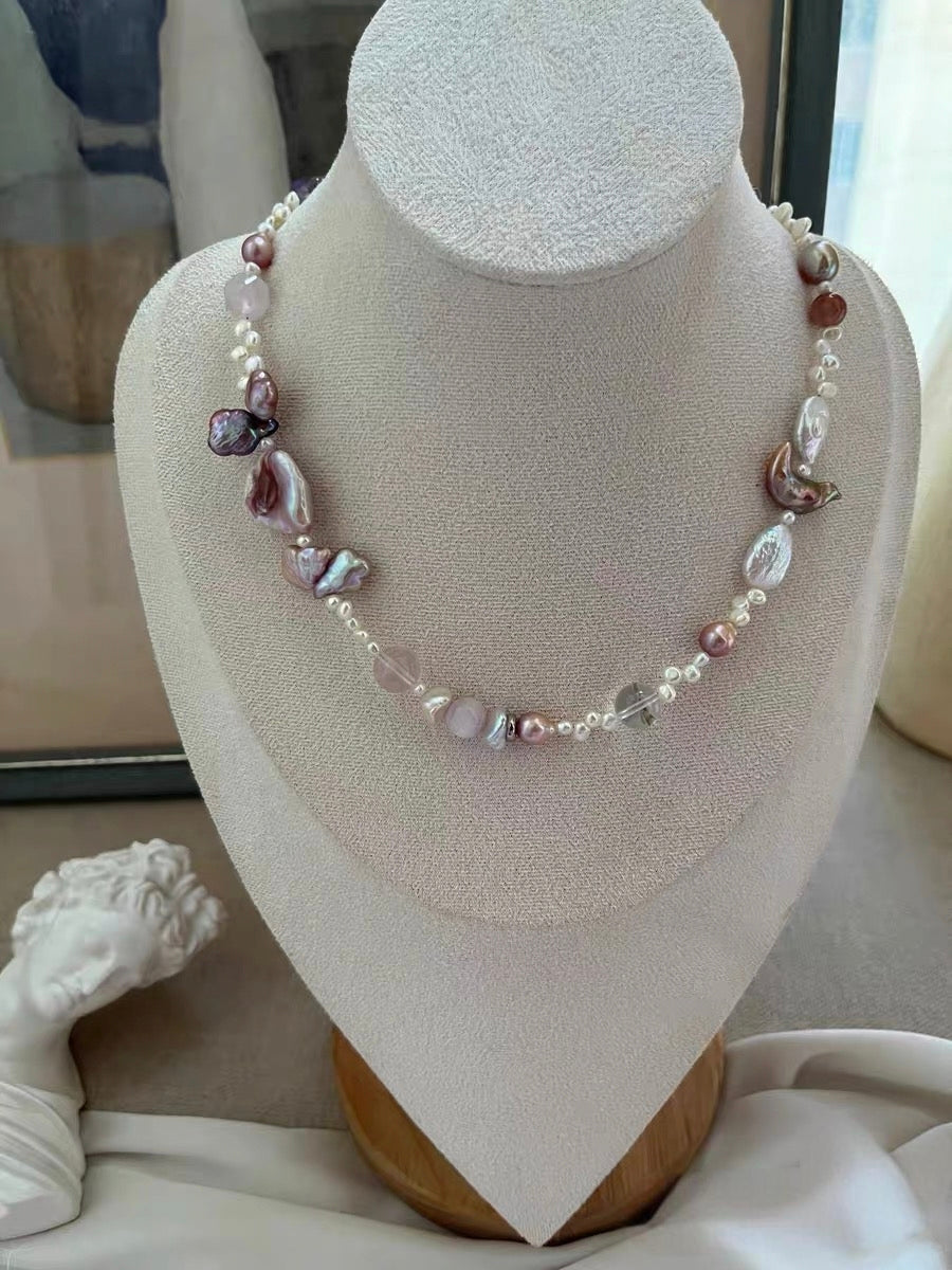 #PN1324 The Muse Edition| Dance under Moon | Freshwater pearl necklace 43cm baby lace pearls amethyst freeform rose quartz faceted purple baroque pearls moon & clover shaped pearl kunzite clear quartz big petal pearl