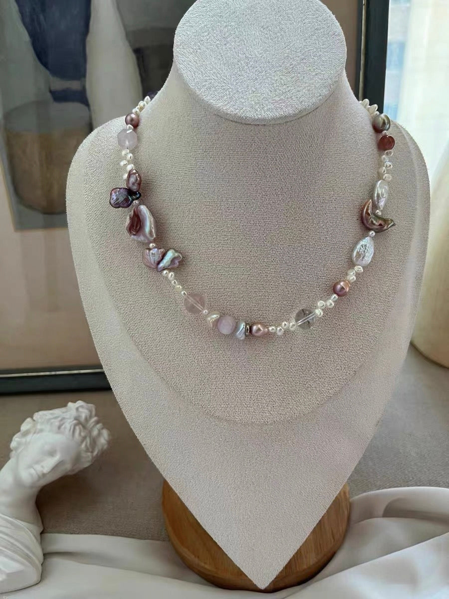 #PN1324 The Muse Edition| Dance under Moon | Freshwater pearl necklace 43cm baby lace pearls amethyst freeform rose quartz faceted purple baroque pearls moon & clover shaped pearl kunzite clear quartz big petal pearl