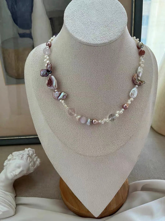 #PN1324 The Muse Edition| Dance under Moon | Freshwater pearl necklace 43cm baby lace pearls amethyst freeform rose quartz faceted purple baroque pearls moon & clover shaped pearl kunzite clear quartz big petal pearl