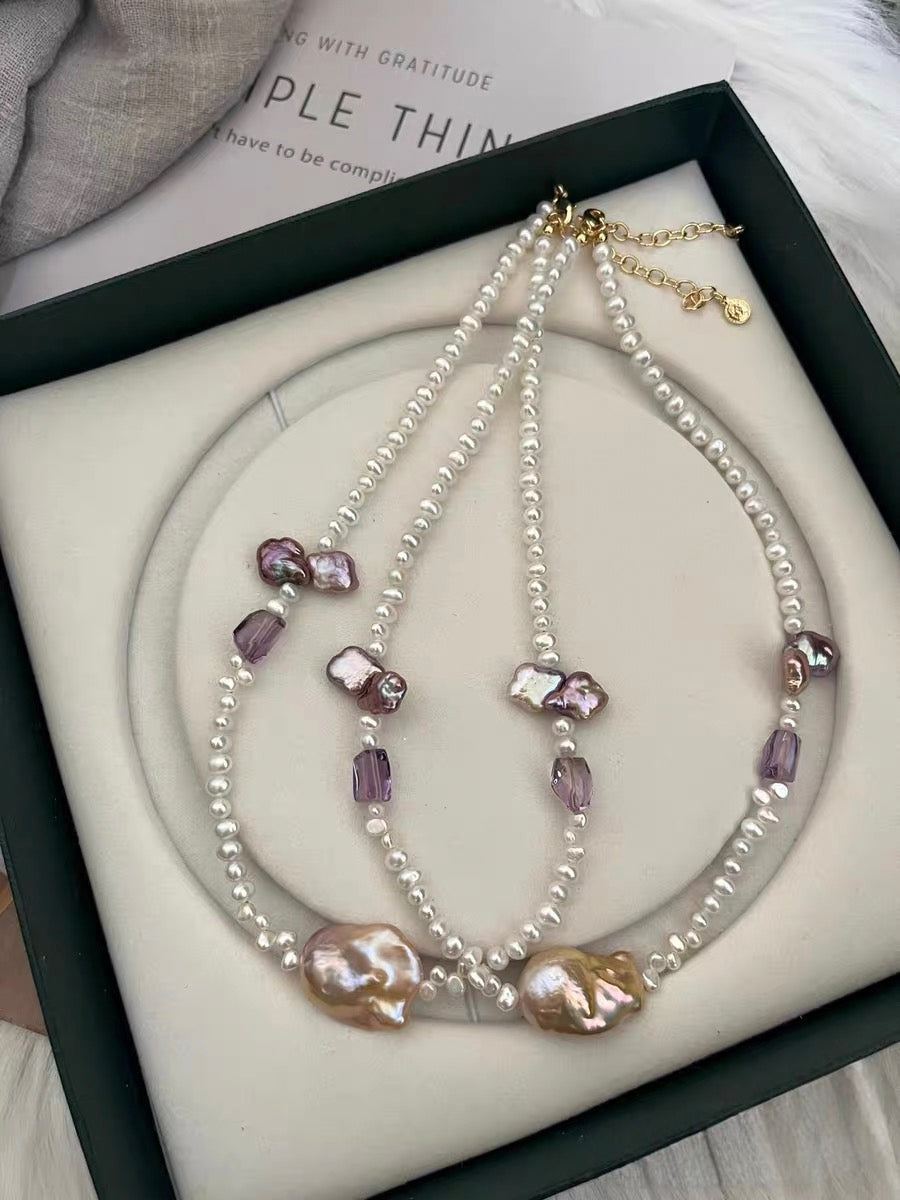 #PN1323 The Muse Edition | Freshwater pearl necklace 40cm+5cm pink-purple mermaid baroque pearl lustrous white baby pearls amethyst small freeform dark purple clover shaped pearls