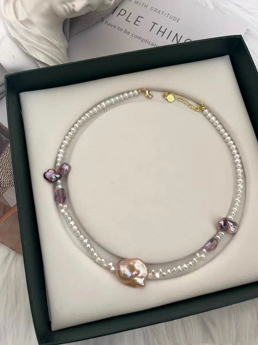 #PN1323 The Muse Edition | Freshwater pearl necklace 40cm+5cm pink-purple mermaid baroque pearl lustrous white baby pearls amethyst small freeform dark purple clover shaped pearls