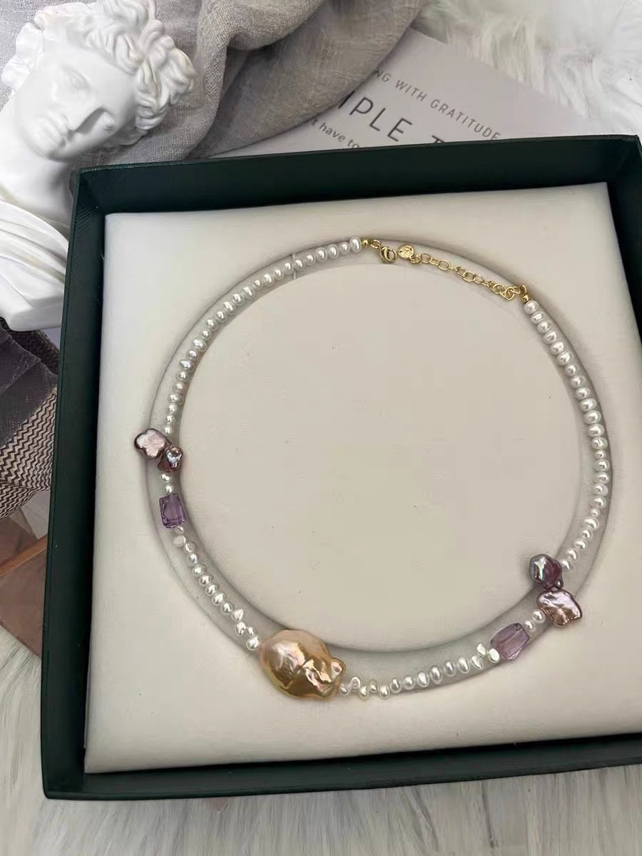 #PN1323 The Muse Edition | Freshwater pearl necklace 40cm+5cm pink-purple mermaid baroque pearl lustrous white baby pearls amethyst small freeform dark purple clover shaped pearls