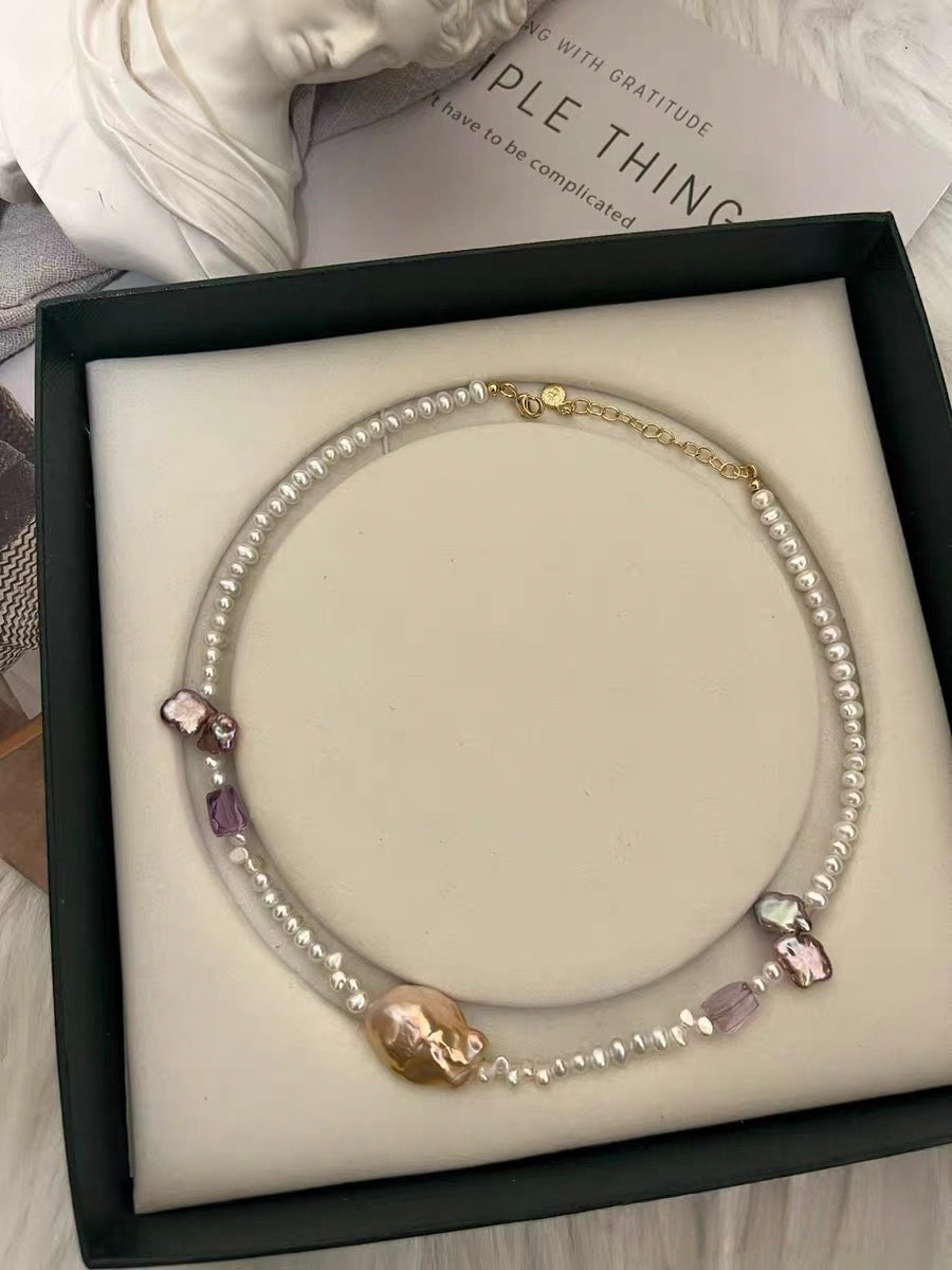 #PN1323 The Muse Edition | Freshwater pearl necklace 40cm+5cm pink-purple mermaid baroque pearl lustrous white baby pearls amethyst small freeform dark purple clover shaped pearls