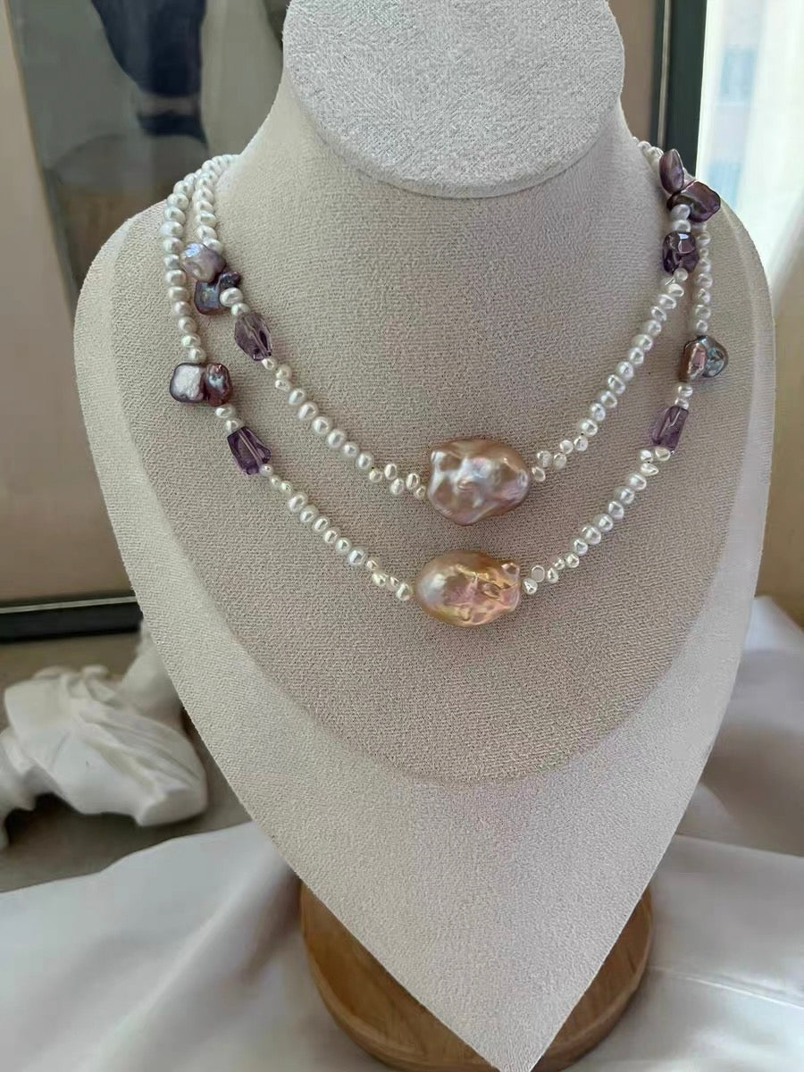 #PN1323 The Muse Edition | Freshwater pearl necklace 40cm+5cm pink-purple mermaid baroque pearl lustrous white baby pearls amethyst small freeform dark purple clover shaped pearls