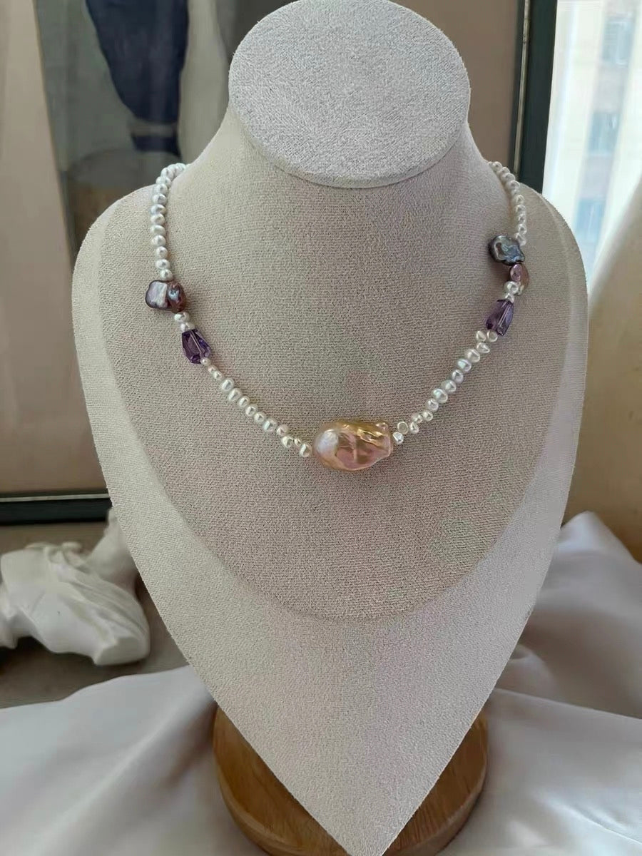 #PN1323 The Muse Edition | Freshwater pearl necklace 40cm+5cm pink-purple mermaid baroque pearl lustrous white baby pearls amethyst small freeform dark purple clover shaped pearls