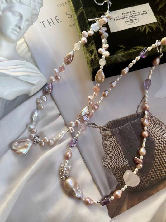 #PN1322 The Muse Edition [Floral Series] Freshwater pearl necklace small amethyst freeform 43cm rose quartz peach heart golden purple mermaid baroque pearl superb lustre petal pearls teardrop shaped pearls