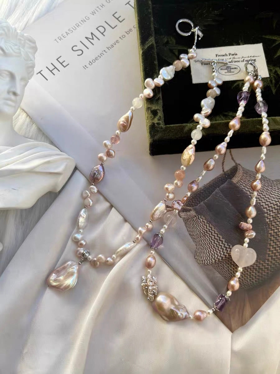 #PN1322 The Muse Edition [Floral Series] Freshwater pearl necklace small amethyst freeform 43cm rose quartz peach heart golden purple mermaid baroque pearl superb lustre petal pearls teardrop shaped pearls