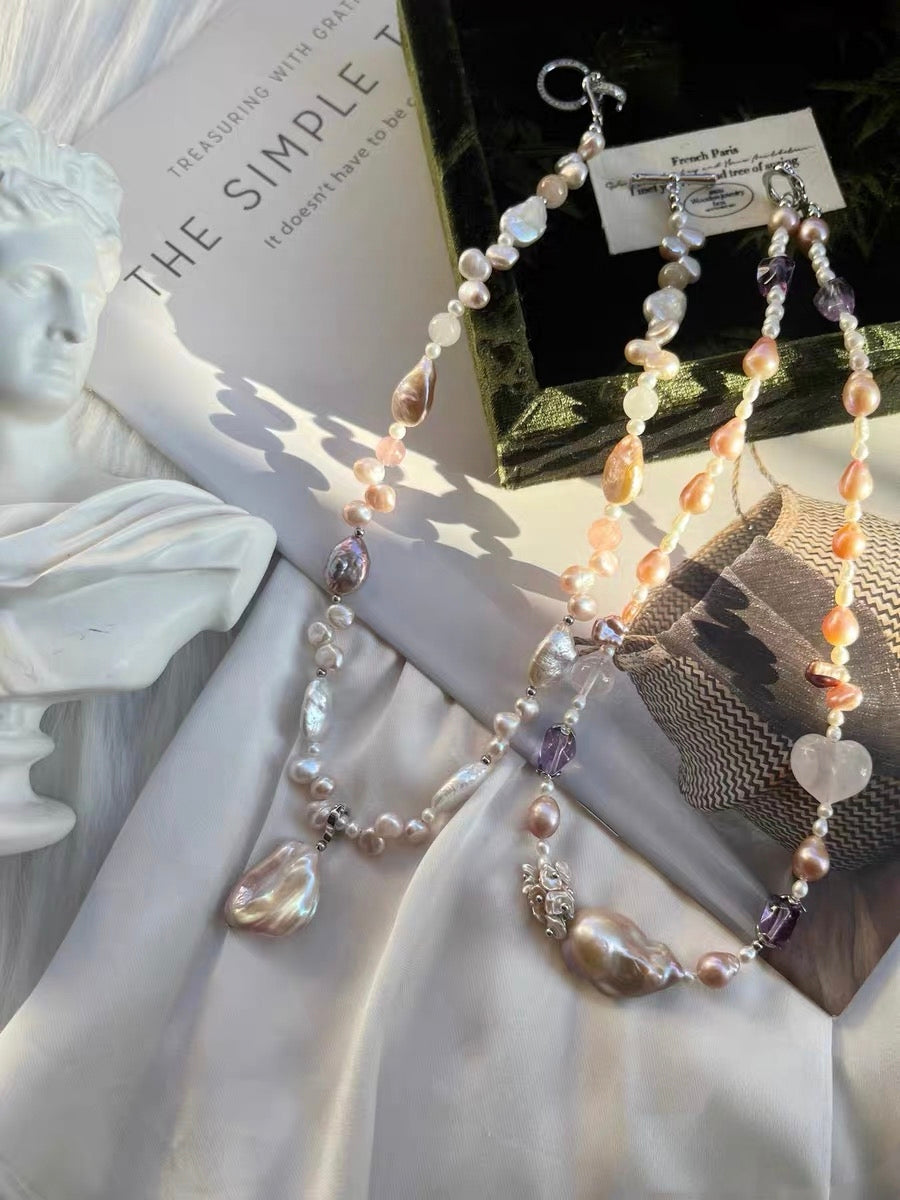 #PN1322 The Muse Edition [Floral Series] Freshwater pearl necklace small amethyst freeform 43cm rose quartz peach heart golden purple mermaid baroque pearl superb lustre petal pearls teardrop shaped pearls