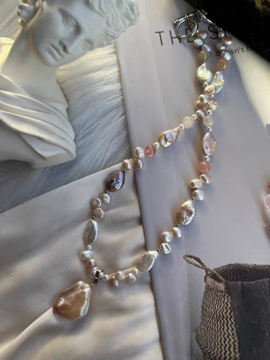 #PN1322 The Muse Edition [Floral Series] Freshwater pearl necklace small amethyst freeform 43cm rose quartz peach heart golden purple mermaid baroque pearl superb lustre petal pearls teardrop shaped pearls