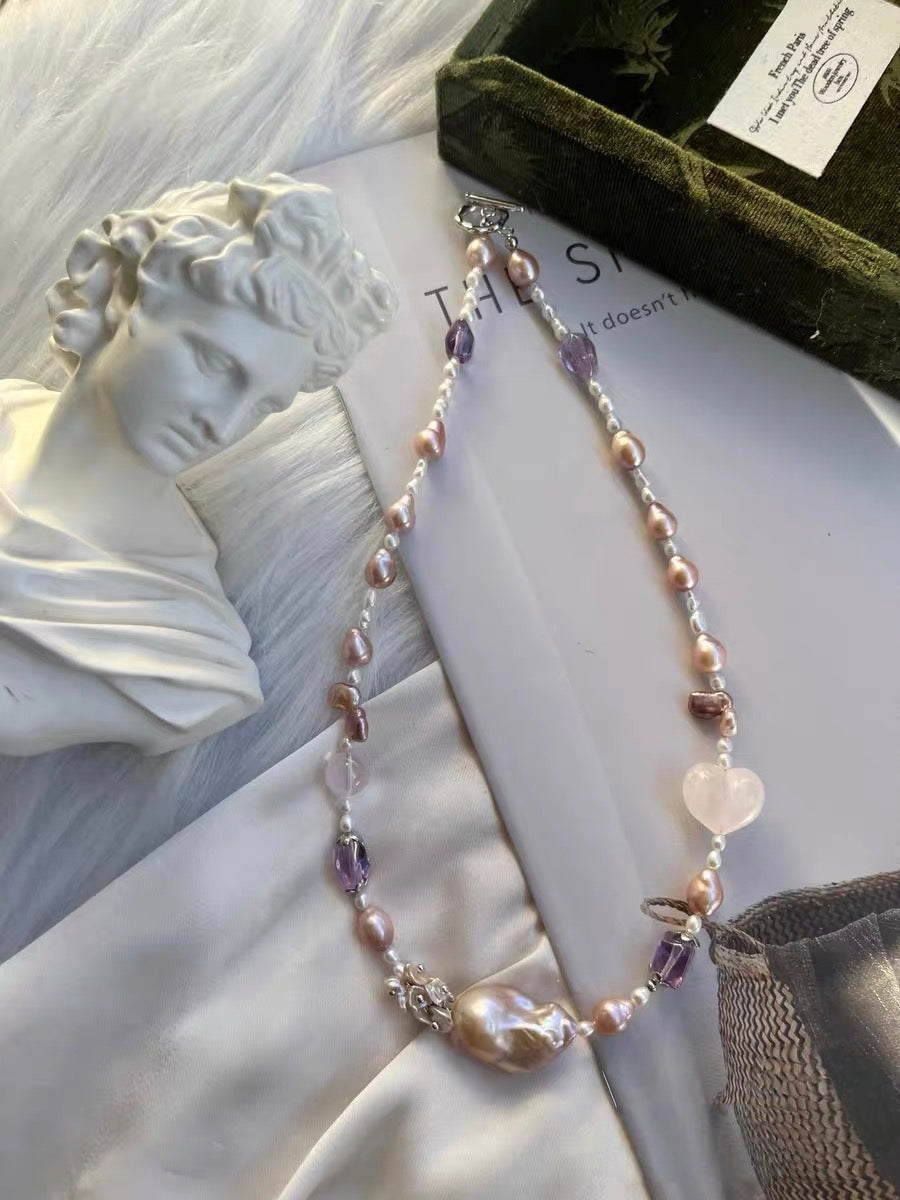 #PN1322 The Muse Edition [Floral Series] Freshwater pearl necklace small amethyst freeform 43cm rose quartz peach heart golden purple mermaid baroque pearl superb lustre petal pearls teardrop shaped pearls