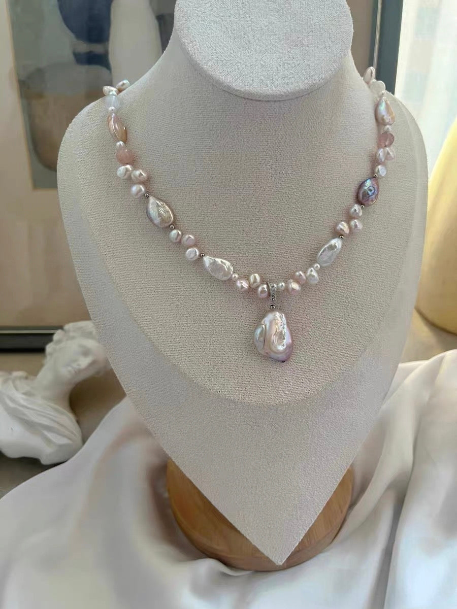#PN1322 The Muse Edition [Floral Series] Freshwater pearl necklace small amethyst freeform 43cm rose quartz peach heart golden purple mermaid baroque pearl superb lustre petal pearls teardrop shaped pearls