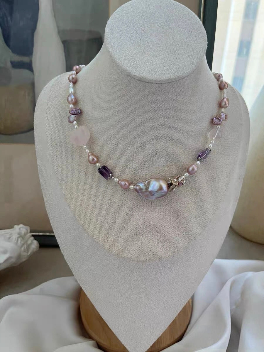 #PN1322 The Muse Edition [Floral Series] Freshwater pearl necklace small amethyst freeform 43cm rose quartz peach heart golden purple mermaid baroque pearl superb lustre petal pearls teardrop shaped pearls