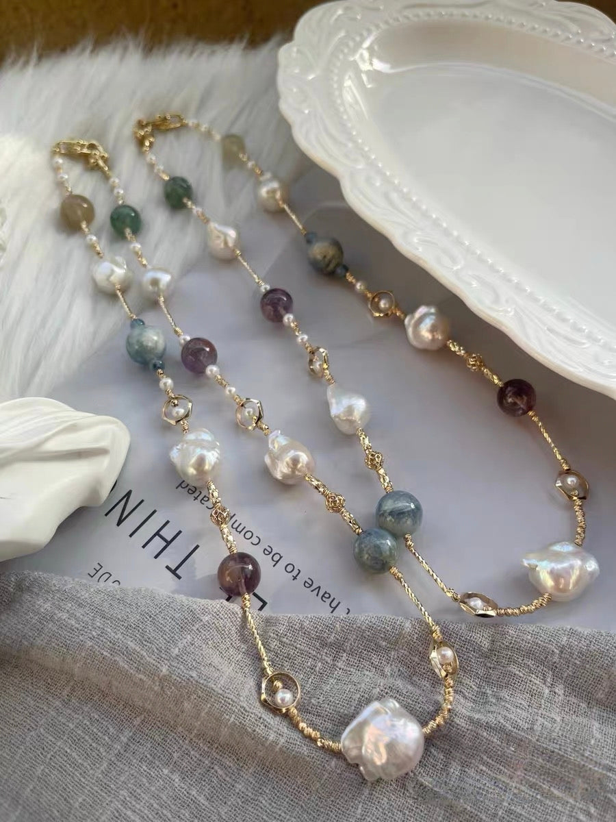 #PN1321 The Prism Edition | Freshwater pearl necklace 58cm sweater necklace mid-size mermaid baroque pearls kyanite super 7 citrine green mica