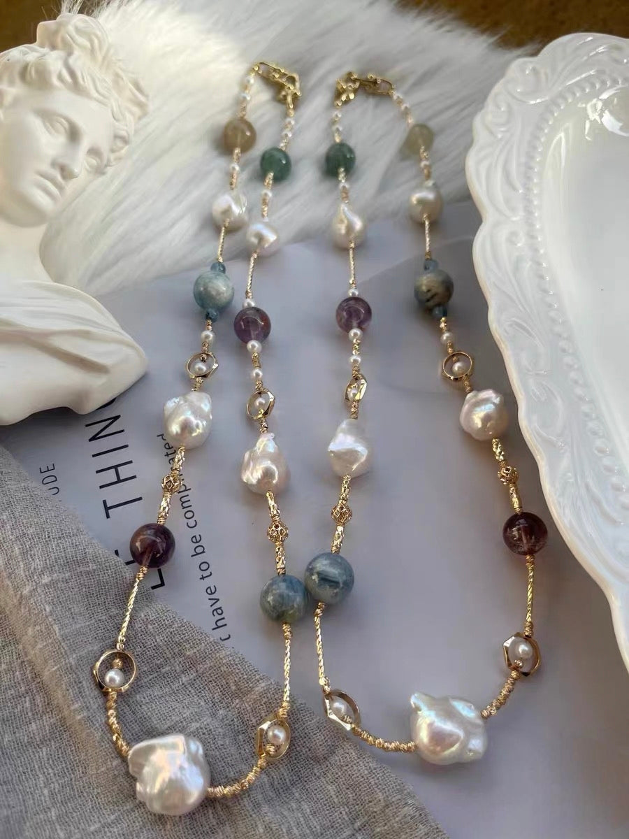 #PN1321 The Prism Edition | Freshwater pearl necklace 58cm sweater necklace mid-size mermaid baroque pearls kyanite super 7 citrine green mica