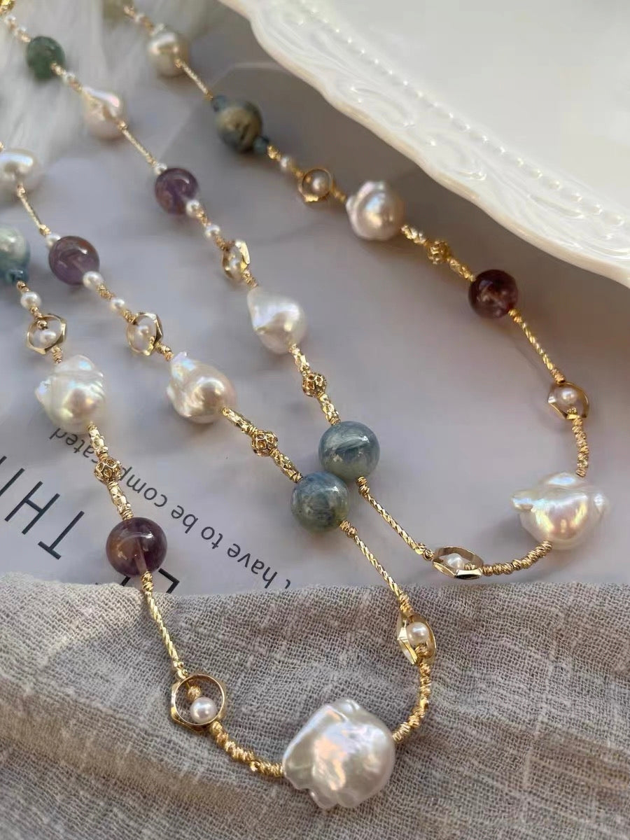 #PN1321 The Prism Edition | Freshwater pearl necklace 58cm sweater necklace mid-size mermaid baroque pearls kyanite super 7 citrine green mica
