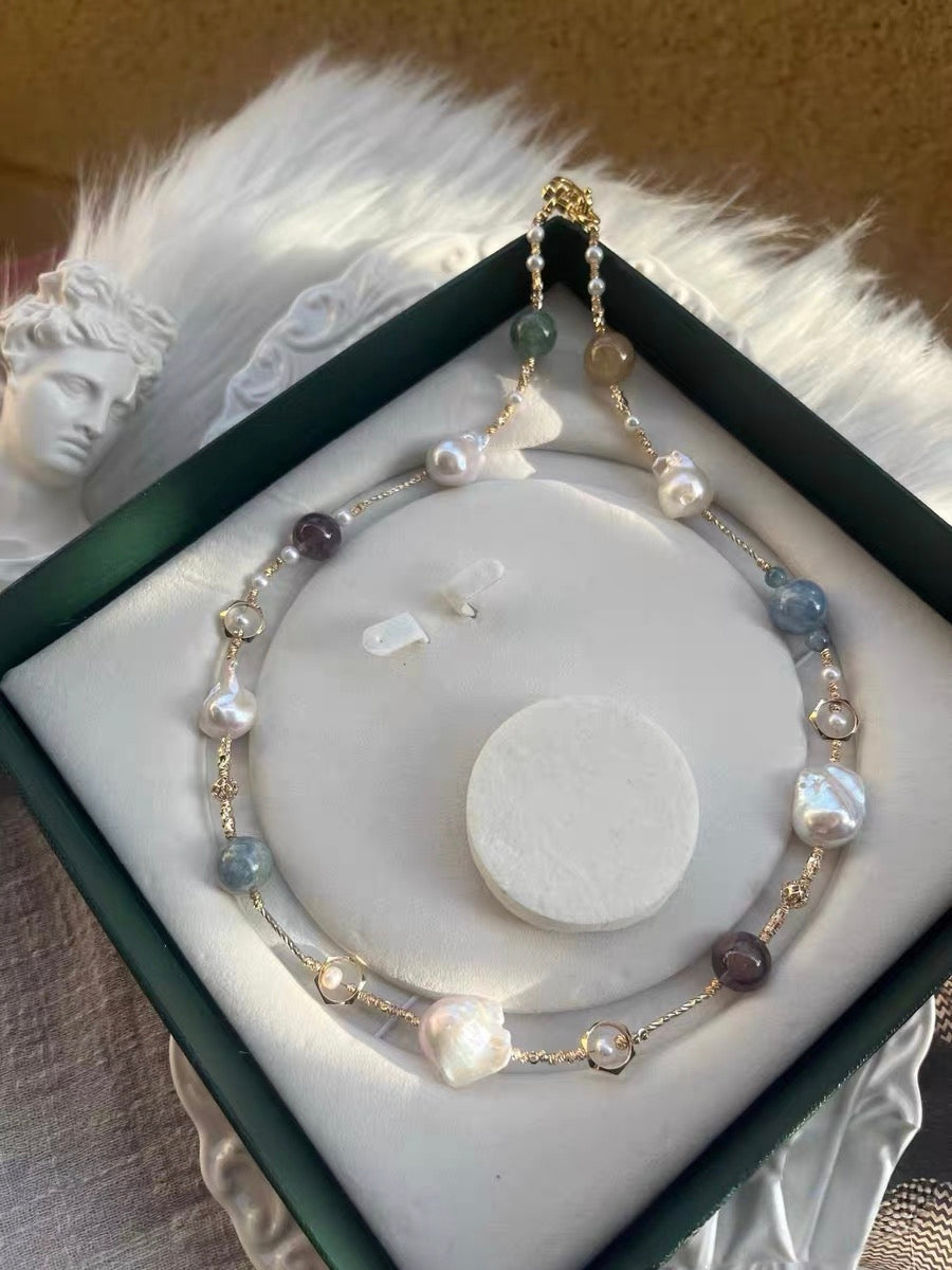 #PN1321 The Prism Edition | Freshwater pearl necklace 58cm sweater necklace mid-size mermaid baroque pearls kyanite super 7 citrine green mica