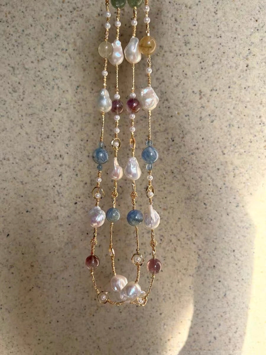 #PN1321 The Prism Edition | Freshwater pearl necklace 58cm sweater necklace mid-size mermaid baroque pearls kyanite super 7 citrine green mica