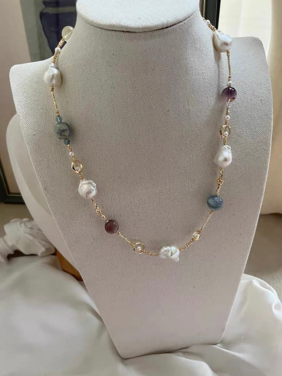 #PN1321 The Prism Edition | Freshwater pearl necklace 58cm sweater necklace mid-size mermaid baroque pearls kyanite super 7 citrine green mica