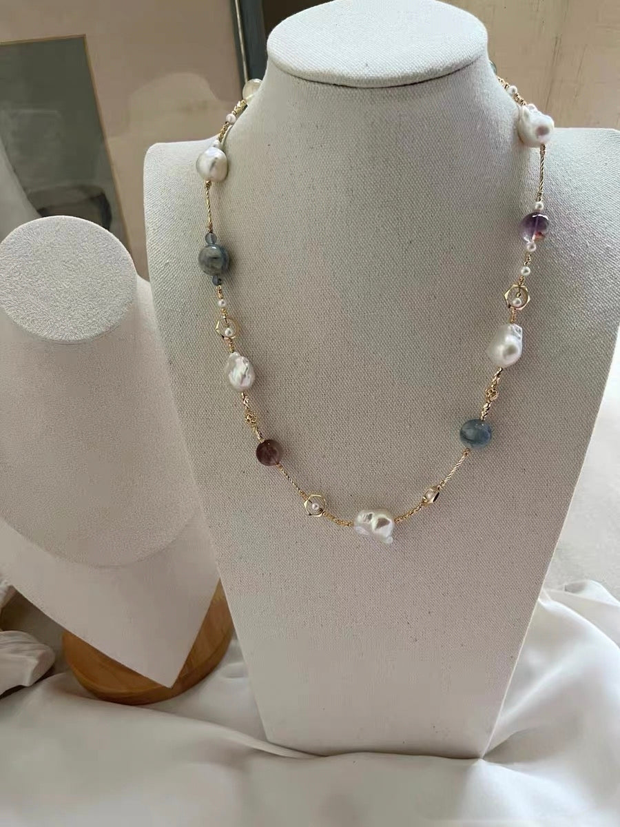 #PN1321 The Prism Edition | Freshwater pearl necklace 58cm sweater necklace mid-size mermaid baroque pearls kyanite super 7 citrine green mica