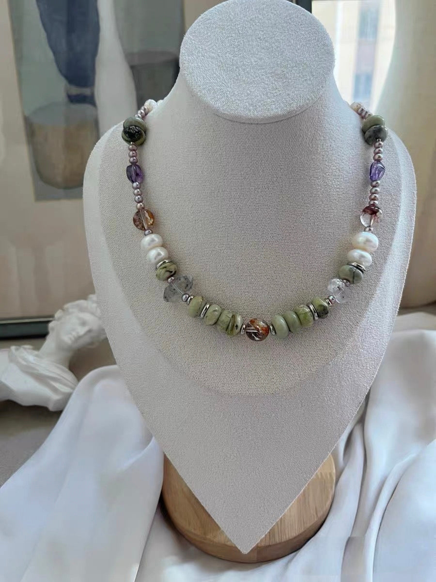 #PN1320 The Lyric Edition| Summer Vacation | Freshwater pearl necklace 11-12mm big bun pearl 46cm herkimer diamond quartz towers big turquoise abacus hematoid with strong sheen amethyst metallic purple baby bun pearls