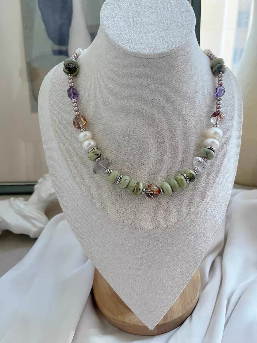 #PN1320 The Lyric Edition| Summer Vacation | Freshwater pearl necklace 11-12mm big bun pearl 46cm herkimer diamond quartz towers big turquoise abacus hematoid with strong sheen amethyst metallic purple baby bun pearls