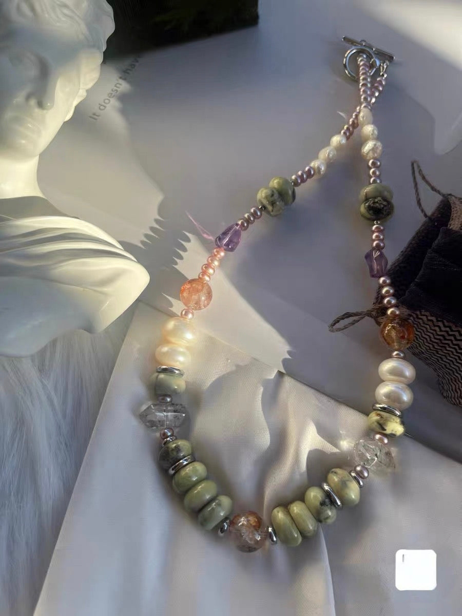 #PN1320 The Lyric Edition| Summer Vacation | Freshwater pearl necklace 11-12mm big bun pearl 46cm herkimer diamond quartz towers big turquoise abacus hematoid with strong sheen amethyst metallic purple baby bun pearls