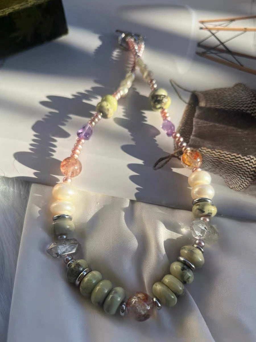 #PN1320 The Lyric Edition| Summer Vacation | Freshwater pearl necklace 11-12mm big bun pearl 46cm herkimer diamond quartz towers big turquoise abacus hematoid with strong sheen amethyst metallic purple baby bun pearls