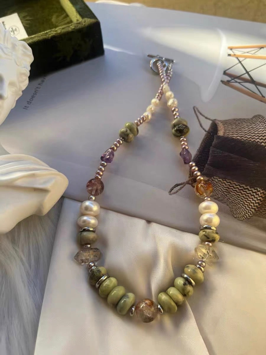 #PN1320 The Lyric Edition| Summer Vacation | Freshwater pearl necklace 11-12mm big bun pearl 46cm herkimer diamond quartz towers big turquoise abacus hematoid with strong sheen amethyst metallic purple baby bun pearls
