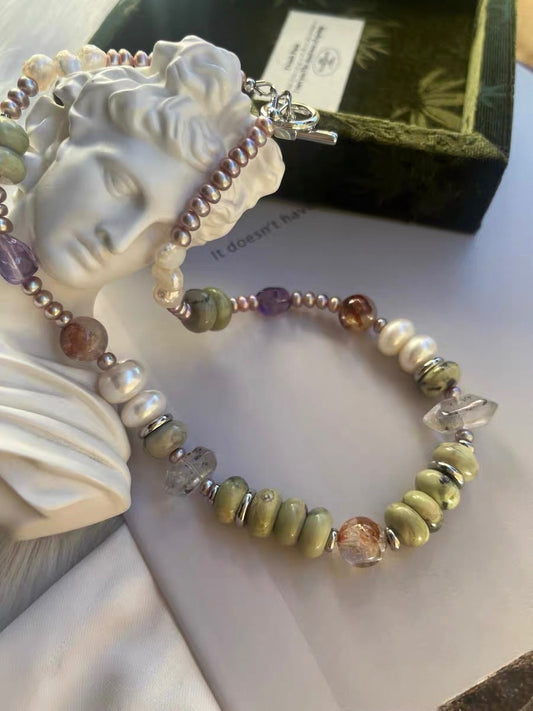 #PN1320 The Lyric Edition| Summer Vacation | Freshwater pearl necklace 11-12mm big bun pearl 46cm herkimer diamond quartz towers big turquoise abacus hematoid with strong sheen amethyst metallic purple baby bun pearls