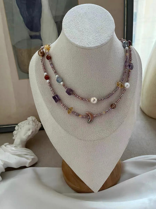 #PN1319 The Prism Edition| Vintage Autumn | Freshwater pearl necklace wrinkle baroque golden purple moon baroque amethyst amber kyanite citrine full sheen 2mm baby purple keshi pearls