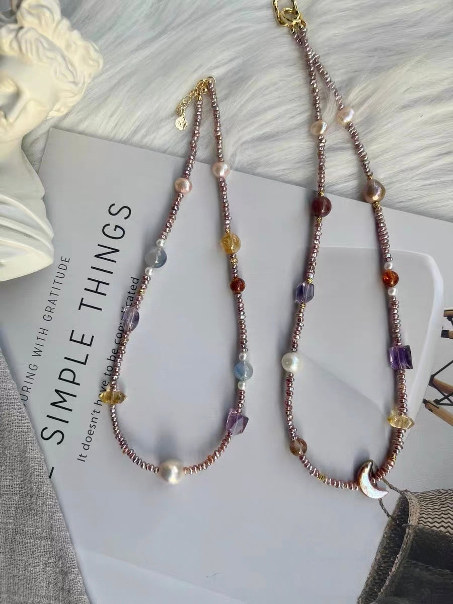 #PN1319 The Prism Edition| Vintage Autumn | Freshwater pearl necklace wrinkle baroque golden purple moon baroque amethyst amber kyanite citrine full sheen 2mm baby purple keshi pearls