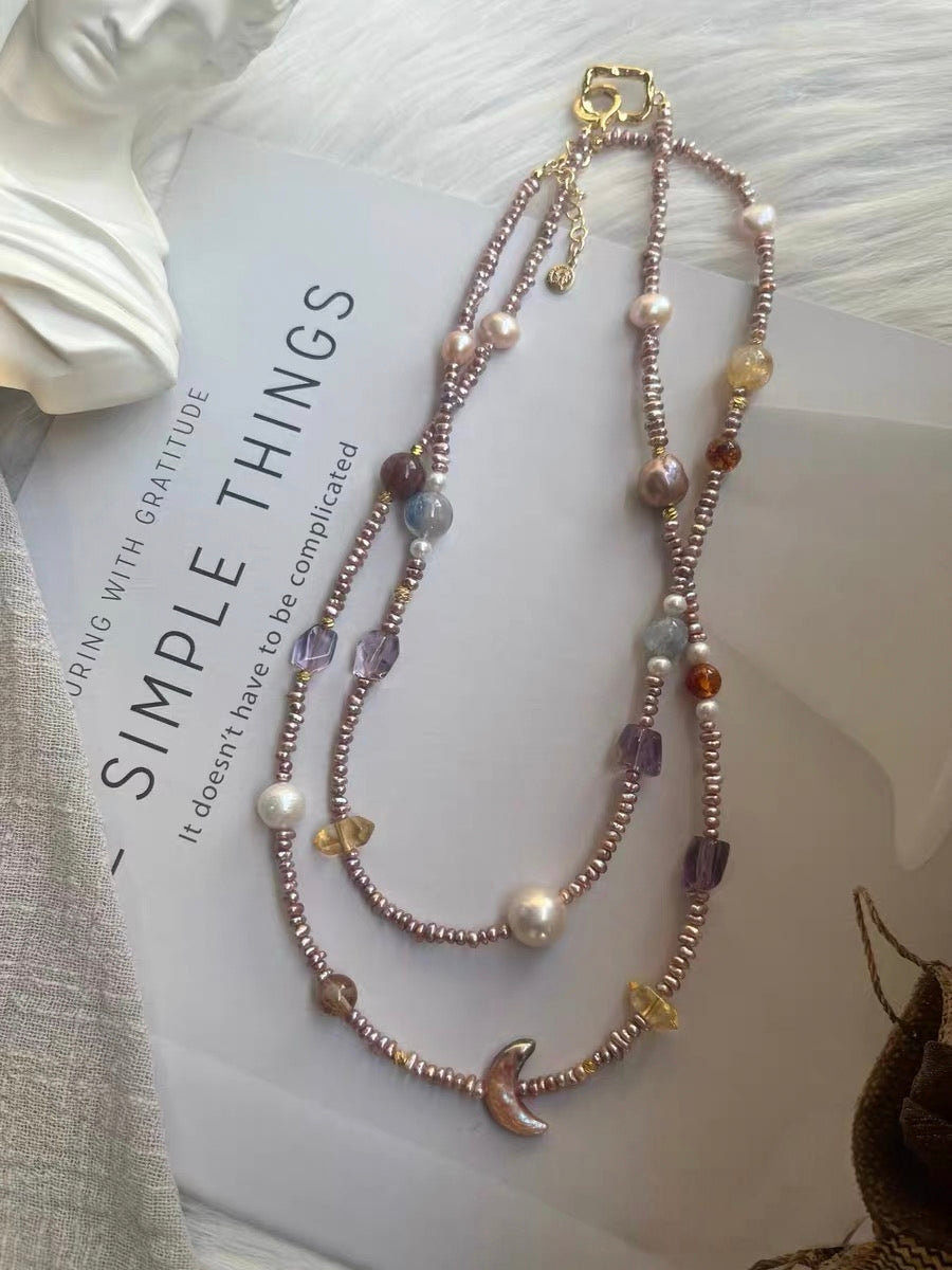 #PN1319 The Prism Edition| Vintage Autumn | Freshwater pearl necklace wrinkle baroque golden purple moon baroque amethyst amber kyanite citrine full sheen 2mm baby purple keshi pearls