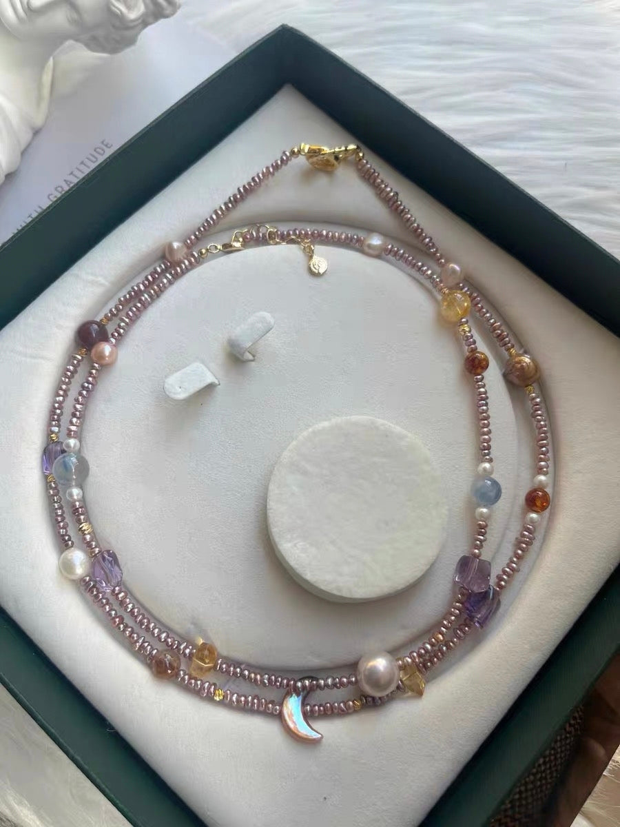 #PN1319 The Prism Edition| Vintage Autumn | Freshwater pearl necklace wrinkle baroque golden purple moon baroque amethyst amber kyanite citrine full sheen 2mm baby purple keshi pearls